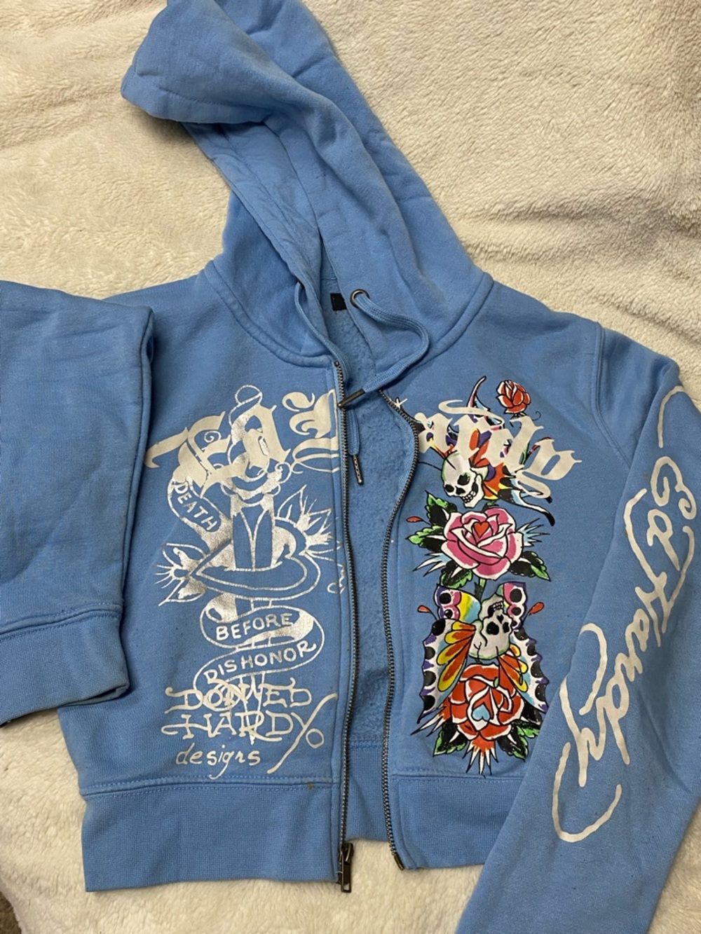 Ed Hardy Light Blue Fleece-Lined Hoodie with Script Logo